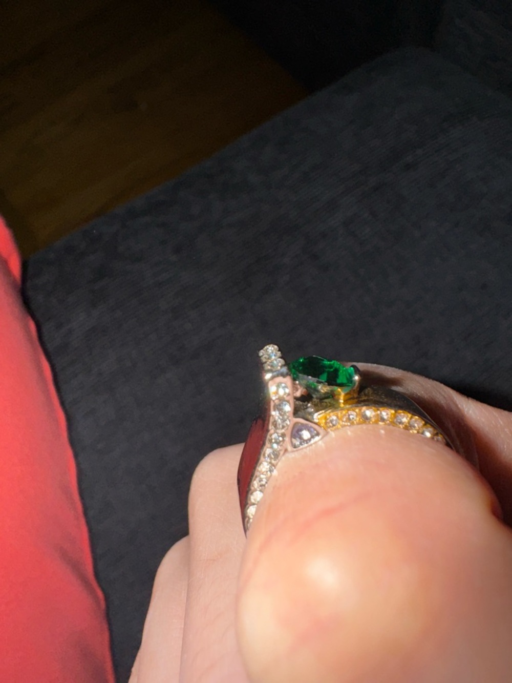Vintage 925 Emerald Green and Gold Crystal Cocktail Ring and silver- size  8